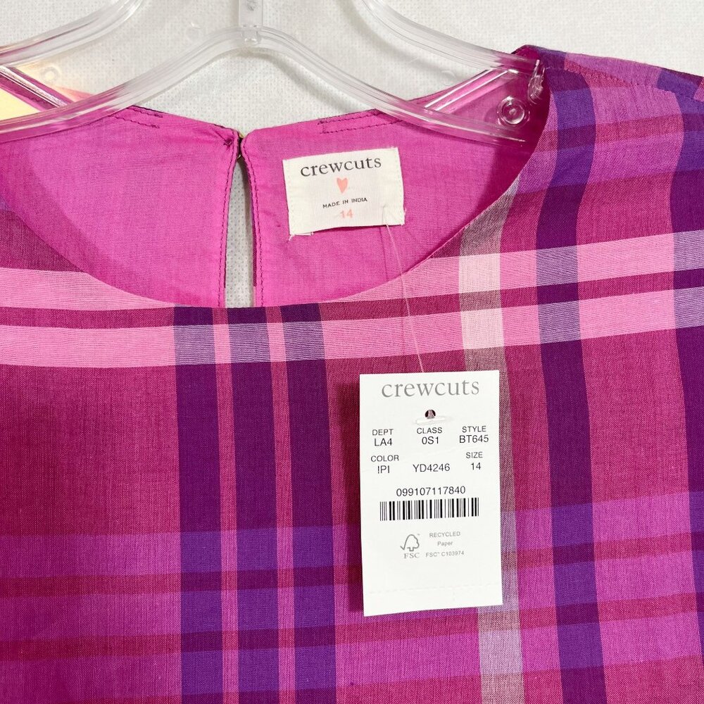 NEW J. Crew Crewcuts Pink Purple Plaid Balloon Sleeve Pleated Dress - Size 14 - Picture 3 of 6